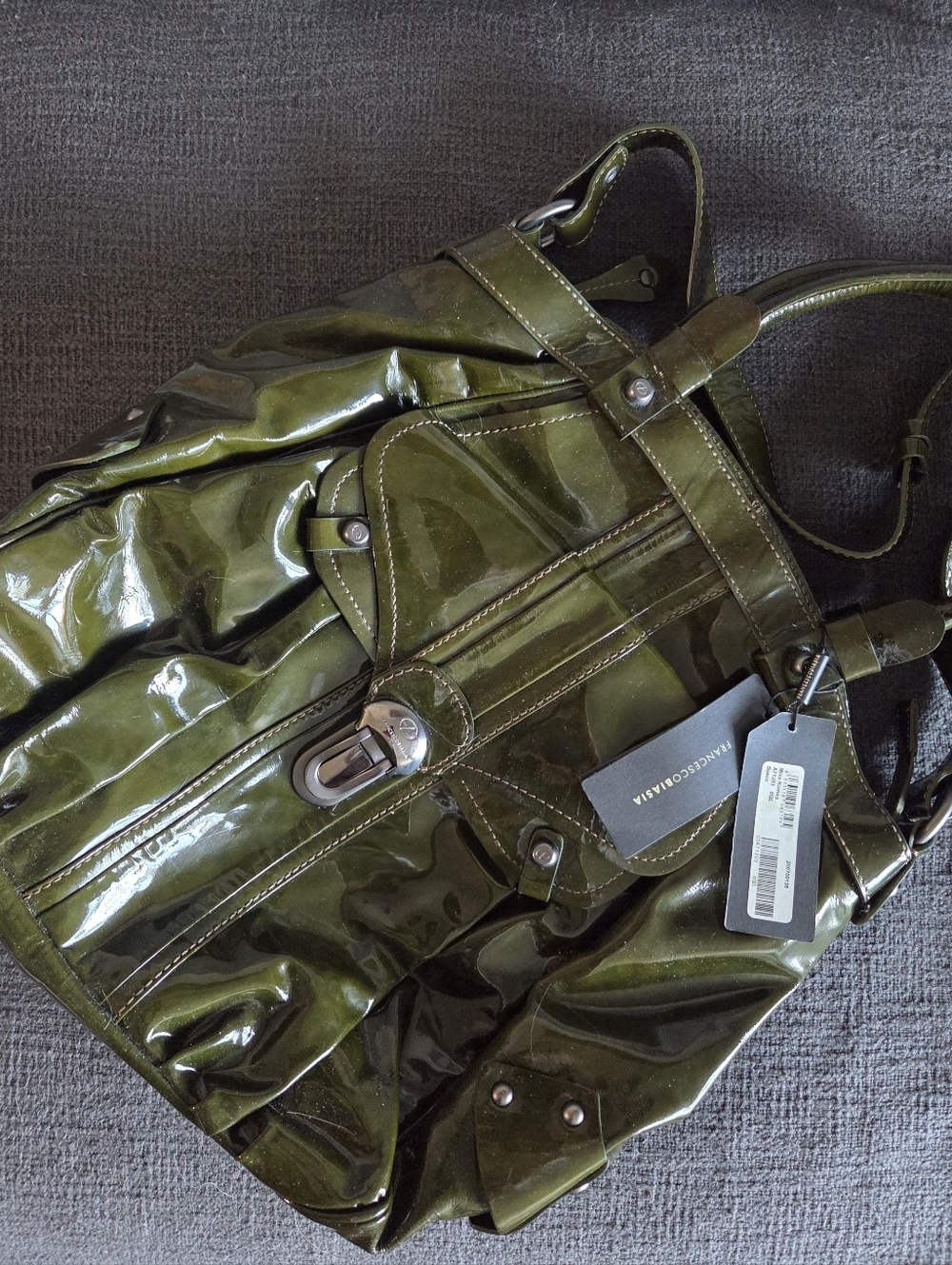 VTG Francesco Biasia Miss Romeo Olive Green Patent Leather Satchel Shoulder Bag